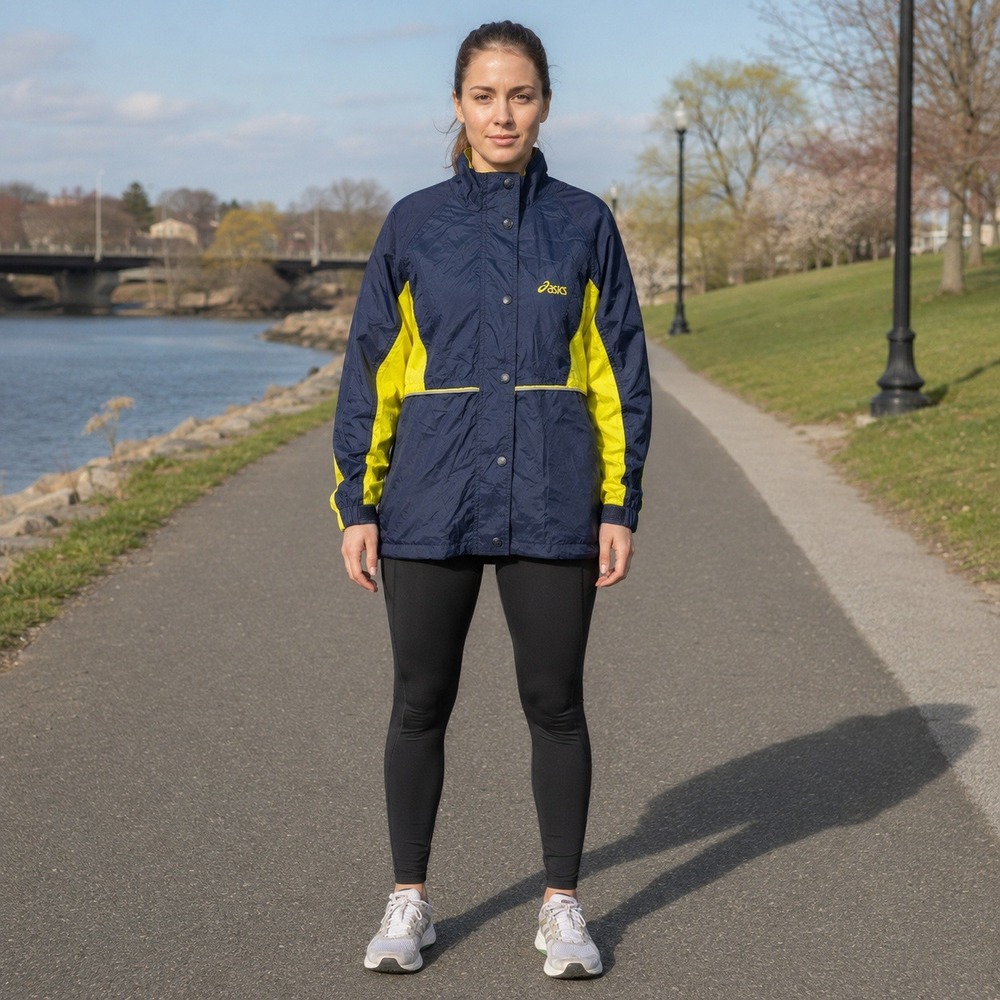 Vintage ASICS Gel Motion Women's Small Navy Neon Windbreaker Jacket Y2K